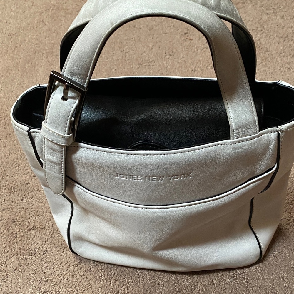 Jones New York Elegant White Small Tote Bag/Purse with Black Accents